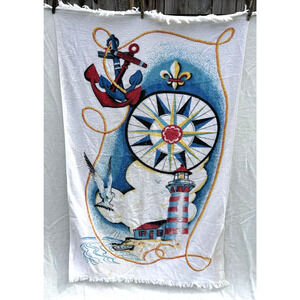 Cannon Light House Beach Towel Anchors Compass Boats All Cotton Terry 53x34 VTG